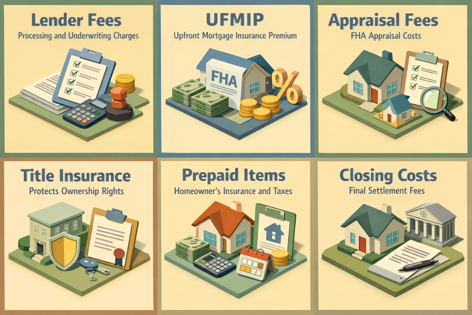 Infographic detailing closing costs for FHA loans on duplexes, including lender fees, UFMIP, appraisal fees, title insurance, prepaid items, and closing costs.
