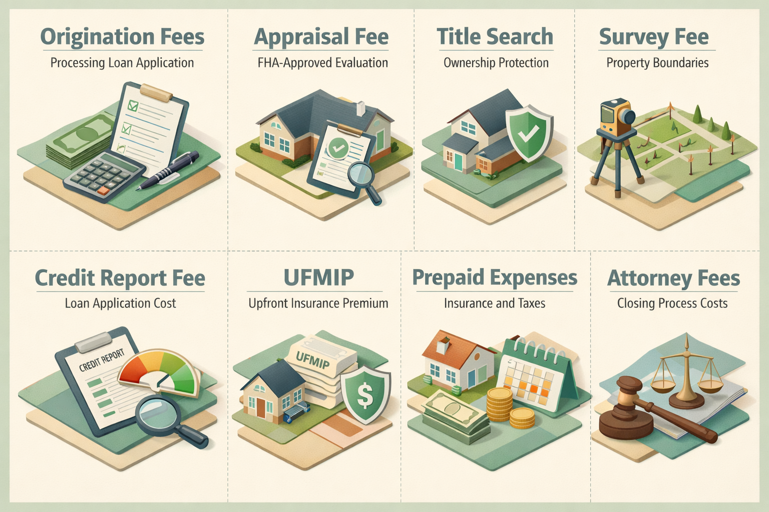 Infographic detailing FHA loan closing costs including origination fees, appraisal fees, title search, survey fees, and more.