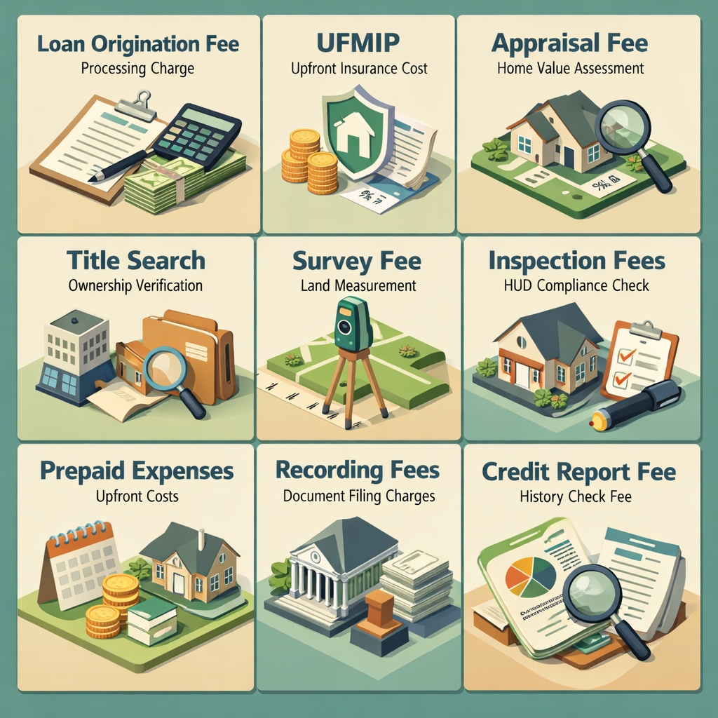 Infographic detailing closing costs for FHA loans on manufactured homes, including fees like UFMIP and appraisal costs.