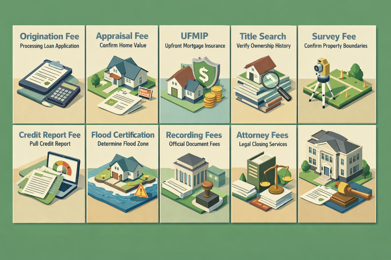 Infographic detailing FHA loan closing costs including origination fee, appraisal fee, UFMIP, title search, and more.