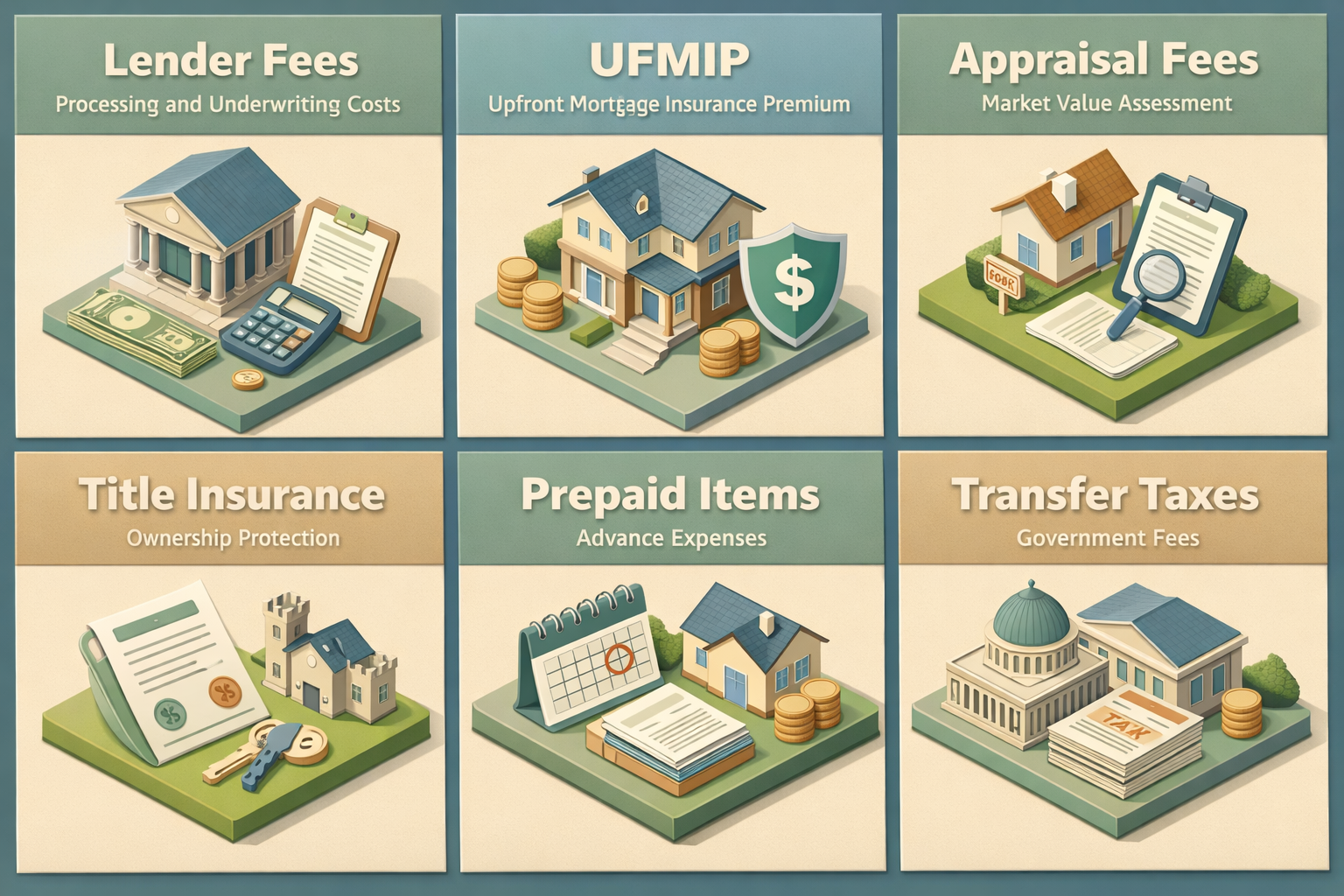 Infographic detailing FHA loan closing costs including lender fees, UFMIP, appraisal fees, title insurance, prepaid items, and transfer taxes.