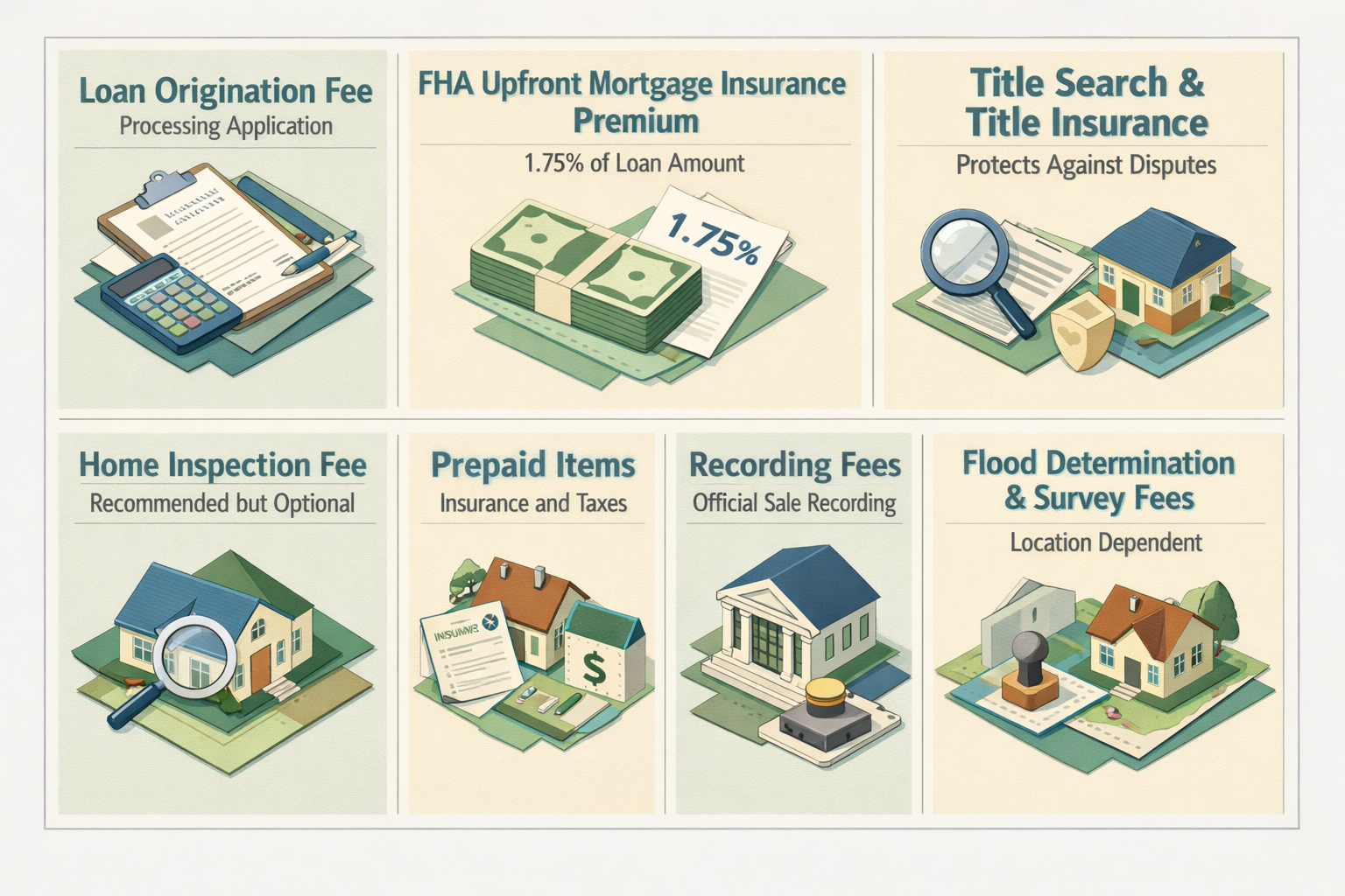 Infographic detailing closing costs for FHA loans on tiny homes, including fees like Loan Origination and Appraisal Fee.
