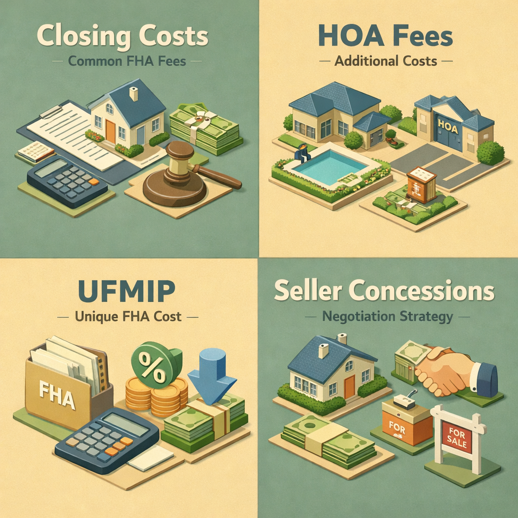 Infographic showing common FHA loan closing costs, HOA fees, UFMIP, and seller concessions for townhome buyers.