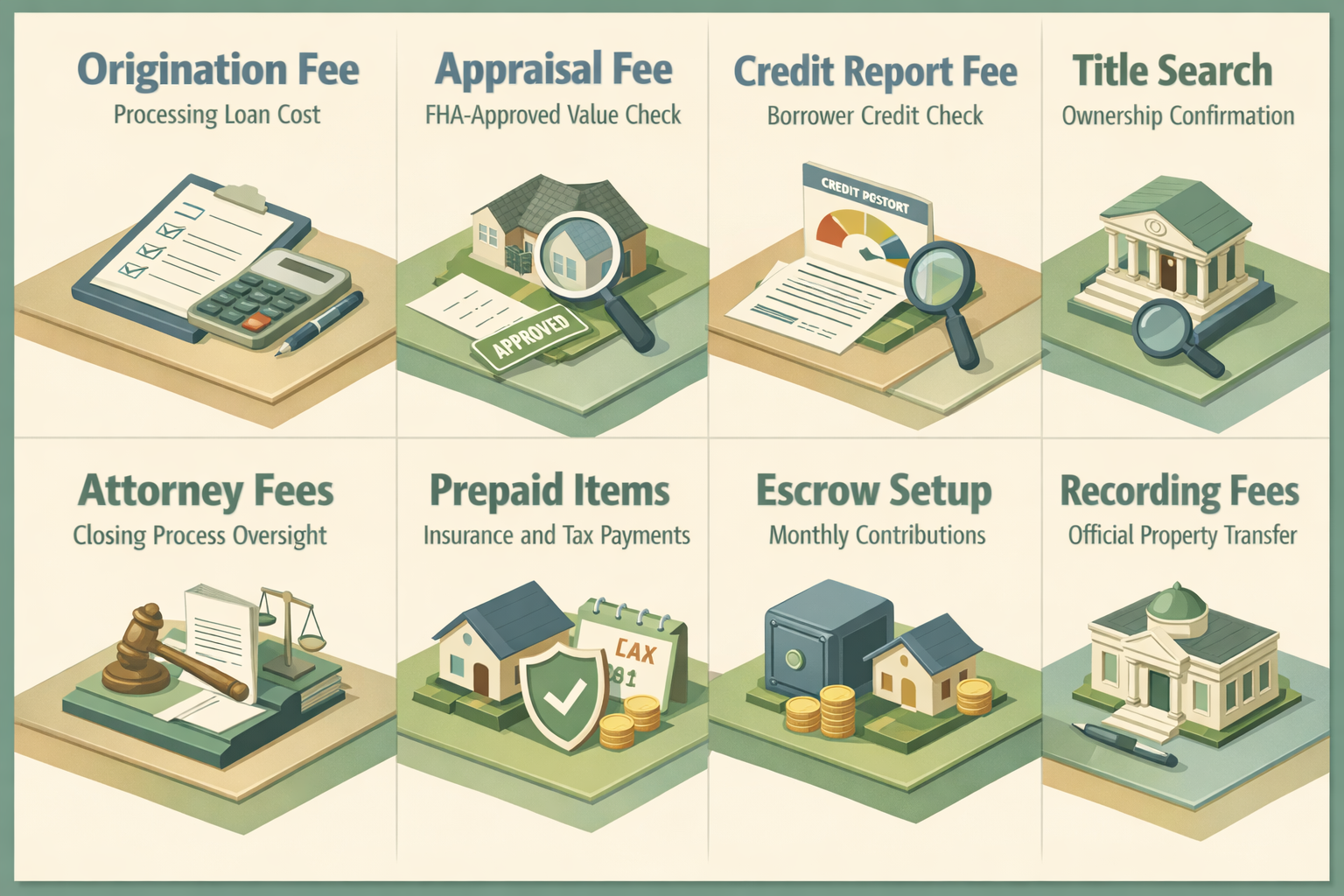 Infographic detailing FHA loan closing costs including origination, appraisal, credit report, title search, attorney fees, prepaid items, escrow setup, and recording fees.