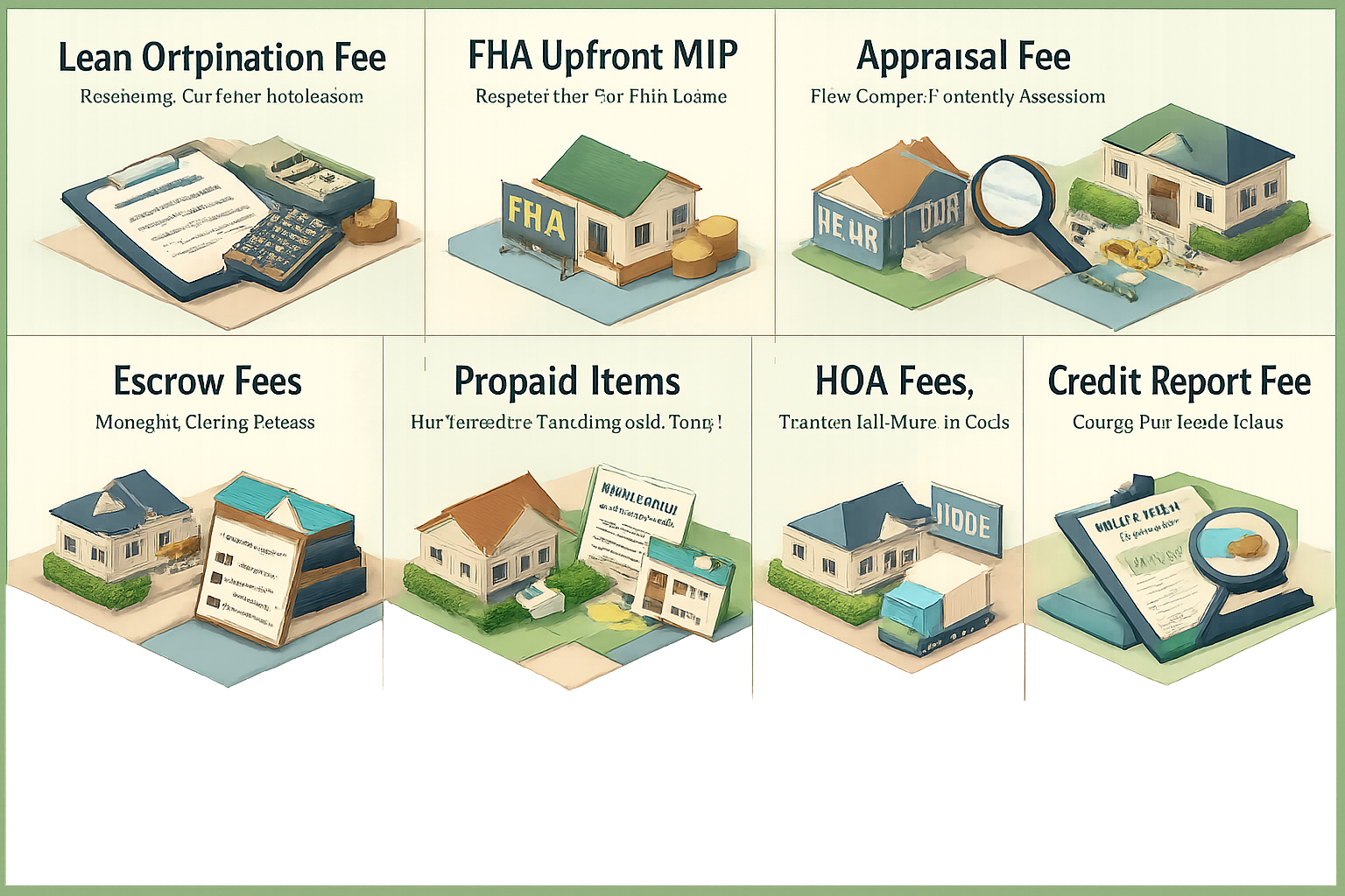 Infographic detailing standard FHA closing costs including loan origination fee, appraisal fee, and HOA fees among others.