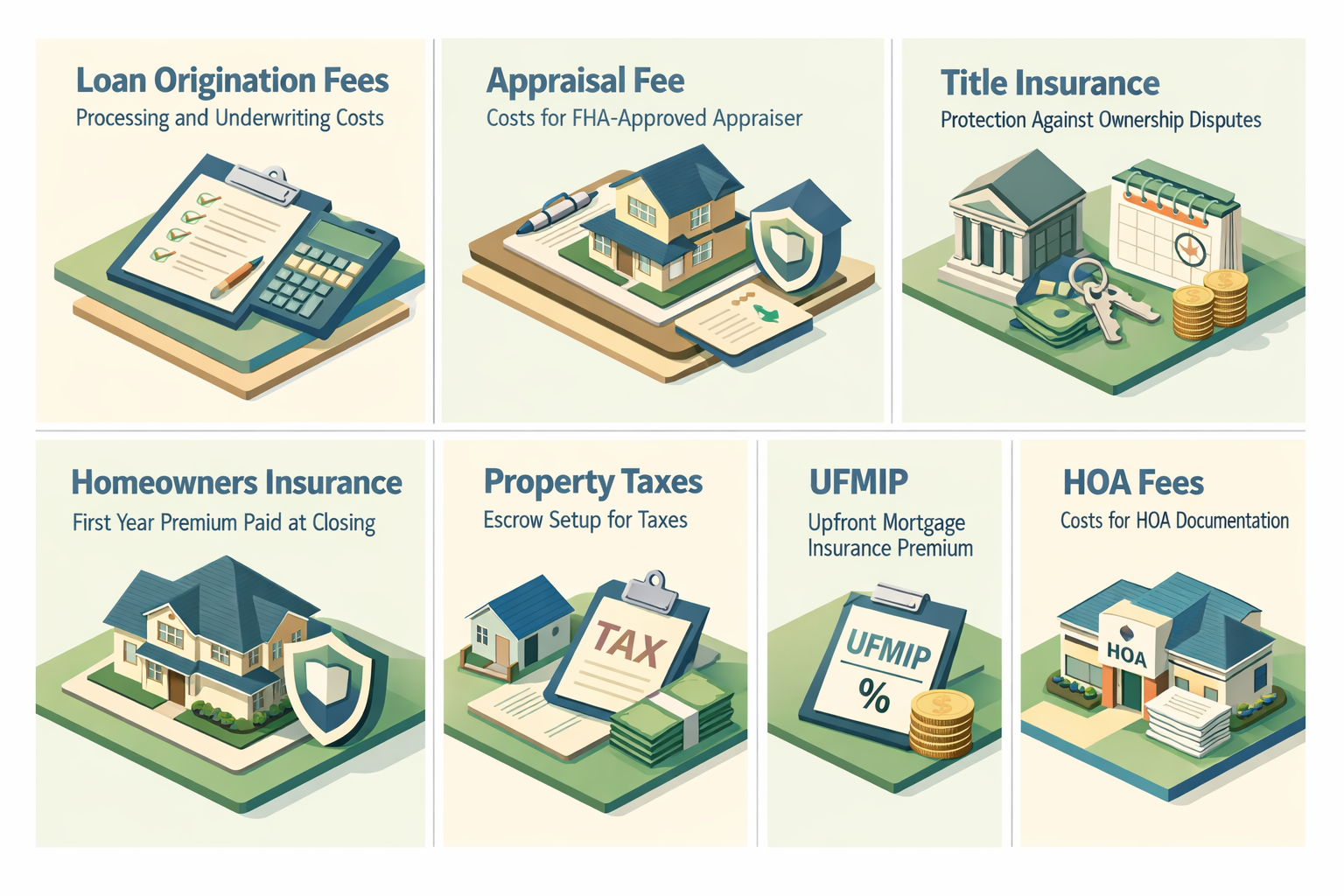 Infographic detailing FHA loan closing costs including loan origination fees, appraisal fees, title insurance, and HOA fees.