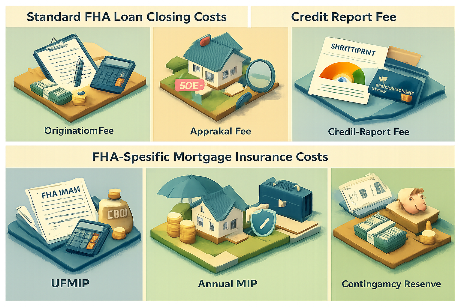 Infographic detailing FHA loan closing costs including standard fees, mortgage insurance, and renovation-specific expenses.