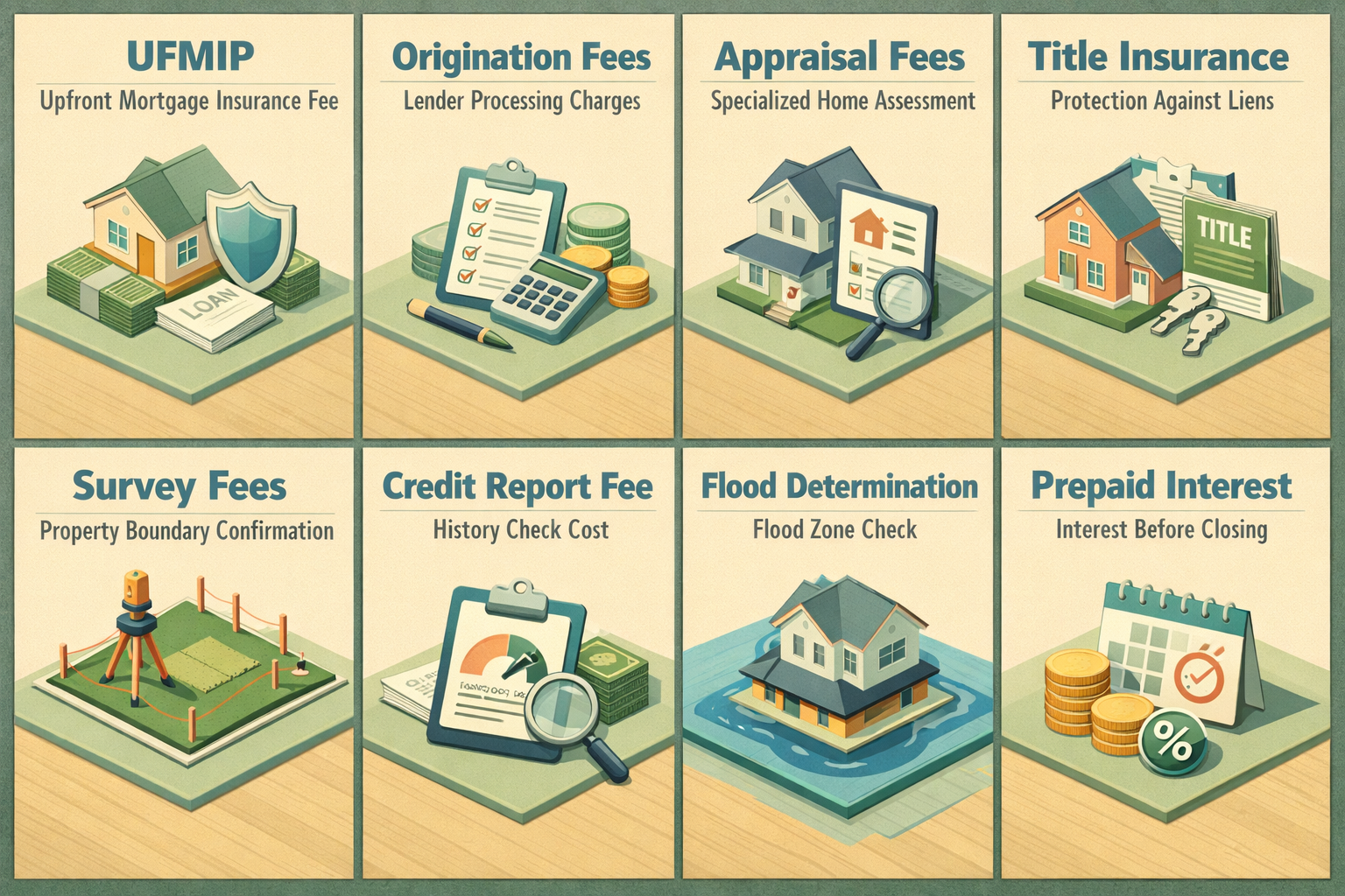 Infographic detailing FHA loan closing costs including UFMIP, origination fees, appraisal fees, title insurance, and more.