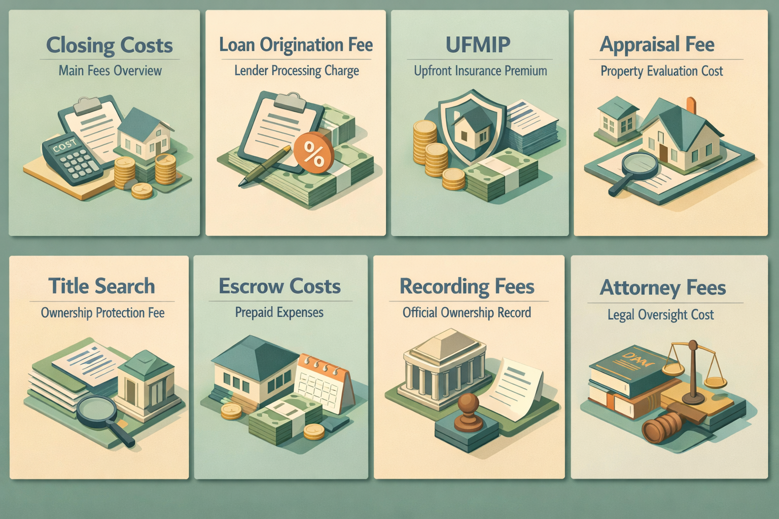 Infographic detailing closing costs for FHA loans on townhomes, including fees like loan origination, UFMIP, appraisal, and more.