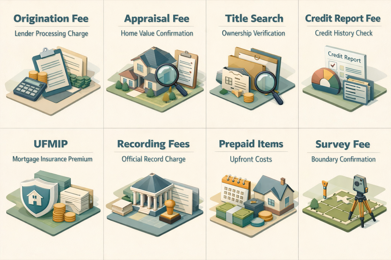 Infographic detailing common FHA refinance closing fees including origination, appraisal, title search, and more.
