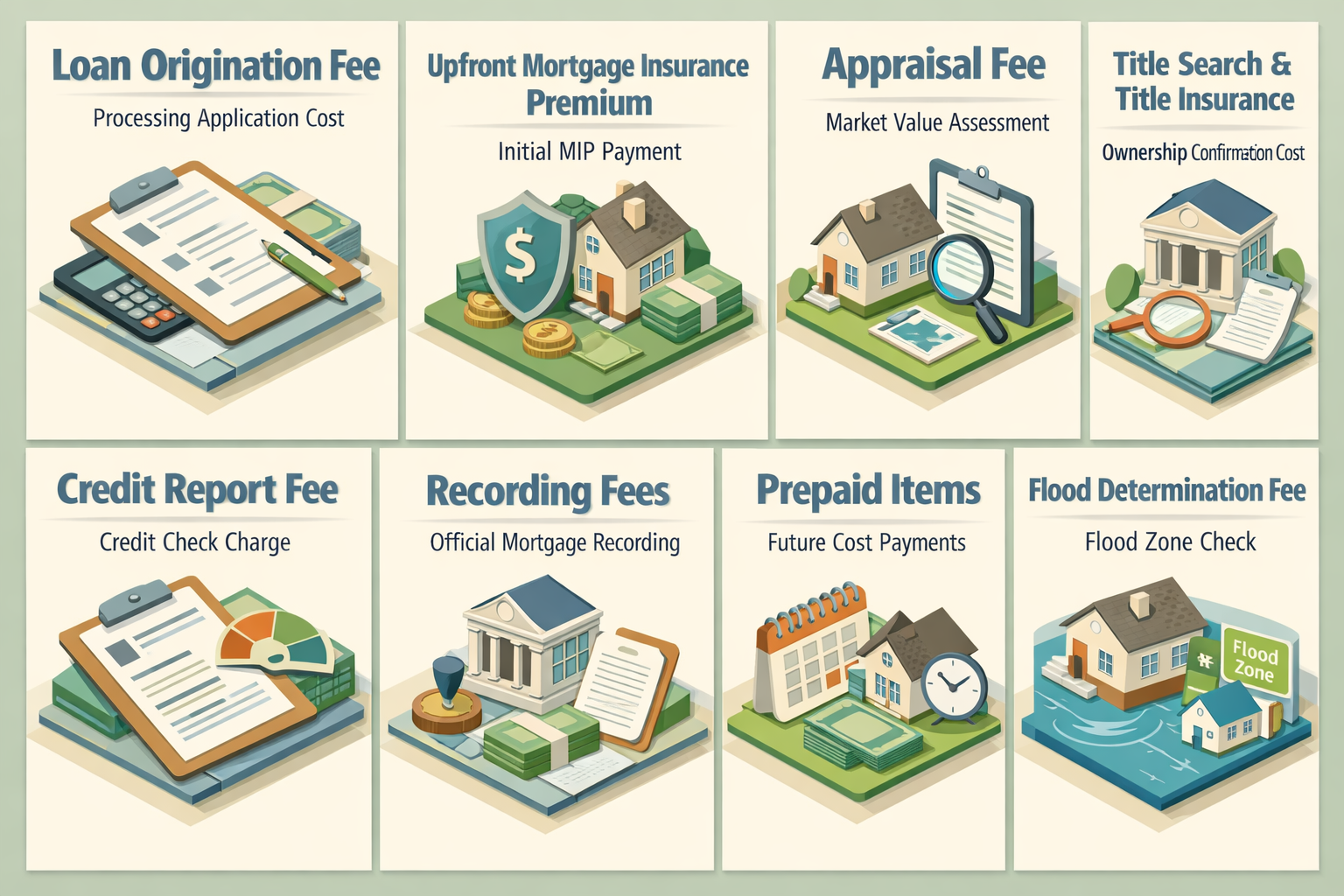 Infographic detailing FHA refinance condo closing fees including origination fee, MIP, appraisal, title insurance, and more.