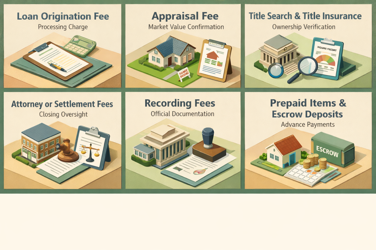 Infographic detailing mortgage refinance fees including origination, appraisal, title, credit report, attorney, recording, and escrow costs.