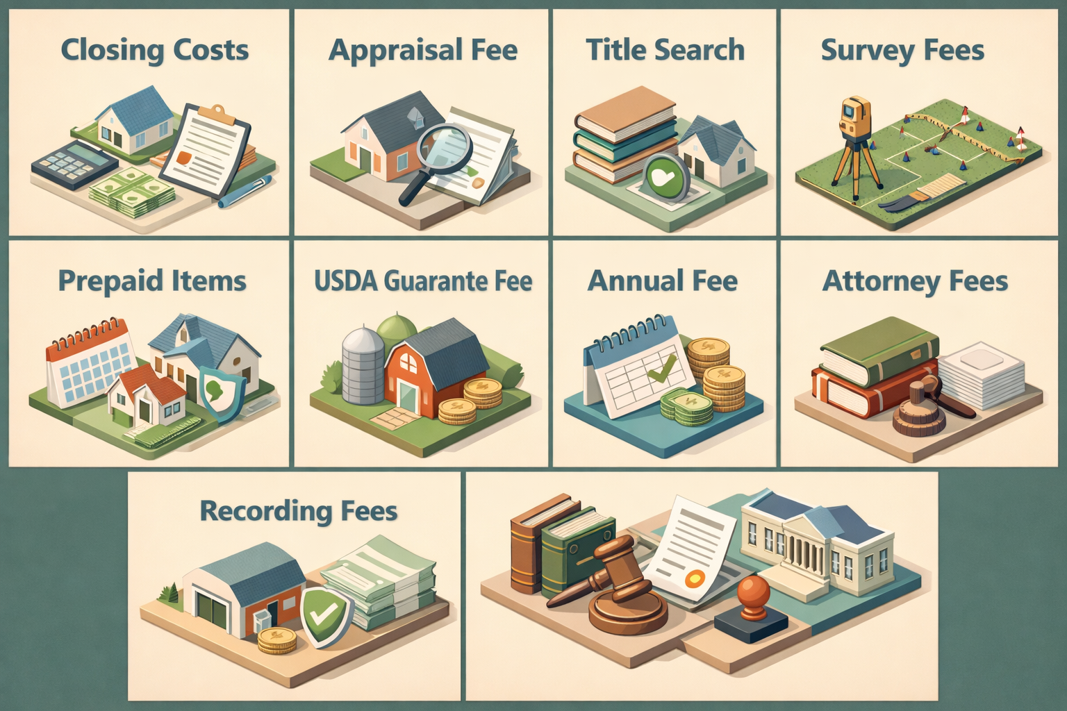 Infographic detailing common closing costs for USDA loans on farm properties, including appraisal, title search, and attorney fees.