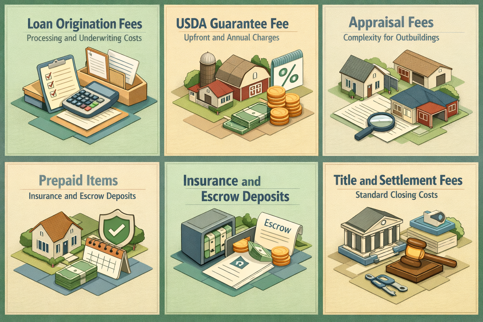 Infographic detailing USDA loan closing costs including loan origination fees, guarantee fees, appraisal fees, and title fees.