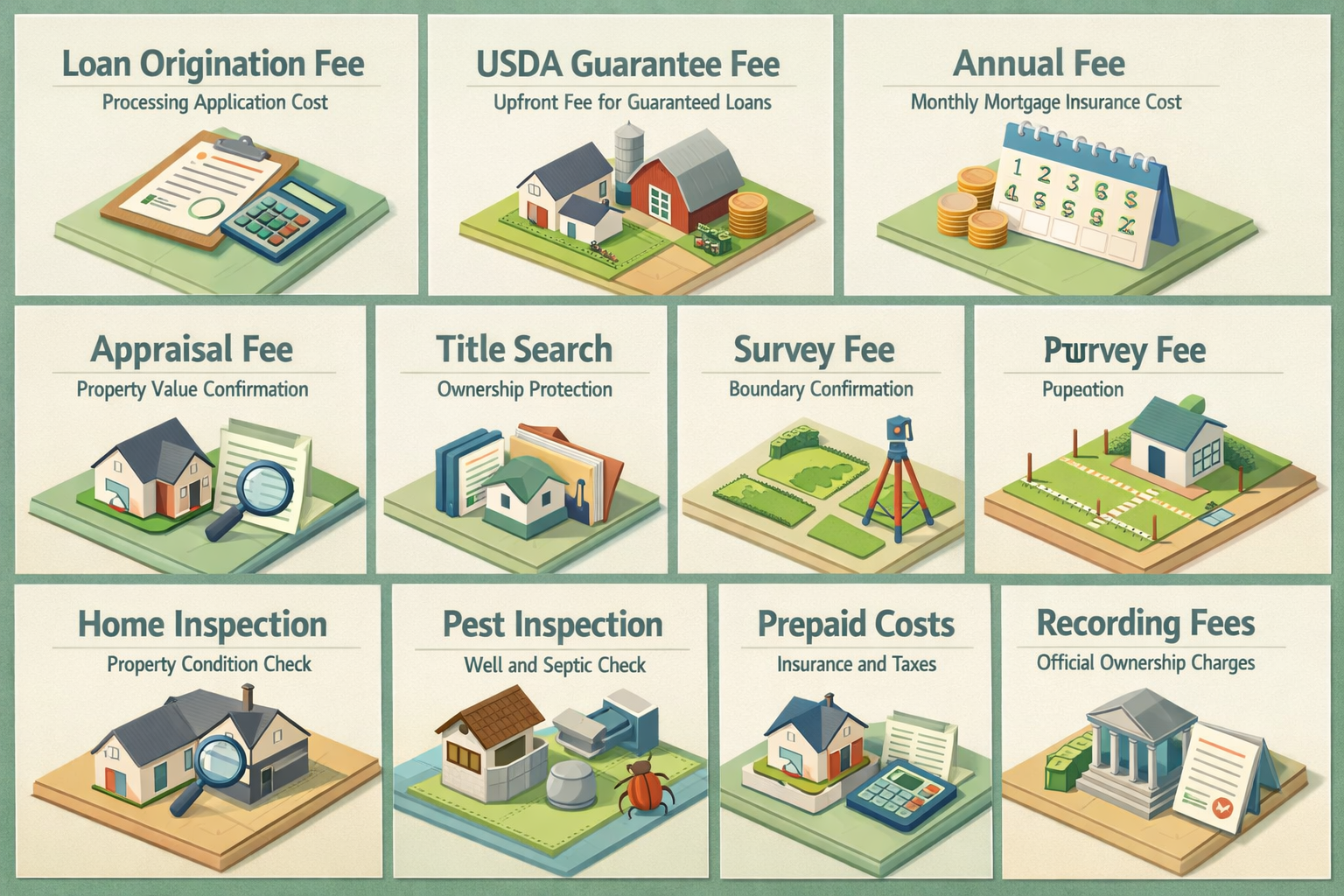 Infographic detailing closing costs for USDA loans including fees for origination, guarantee, appraisal, and inspections.
