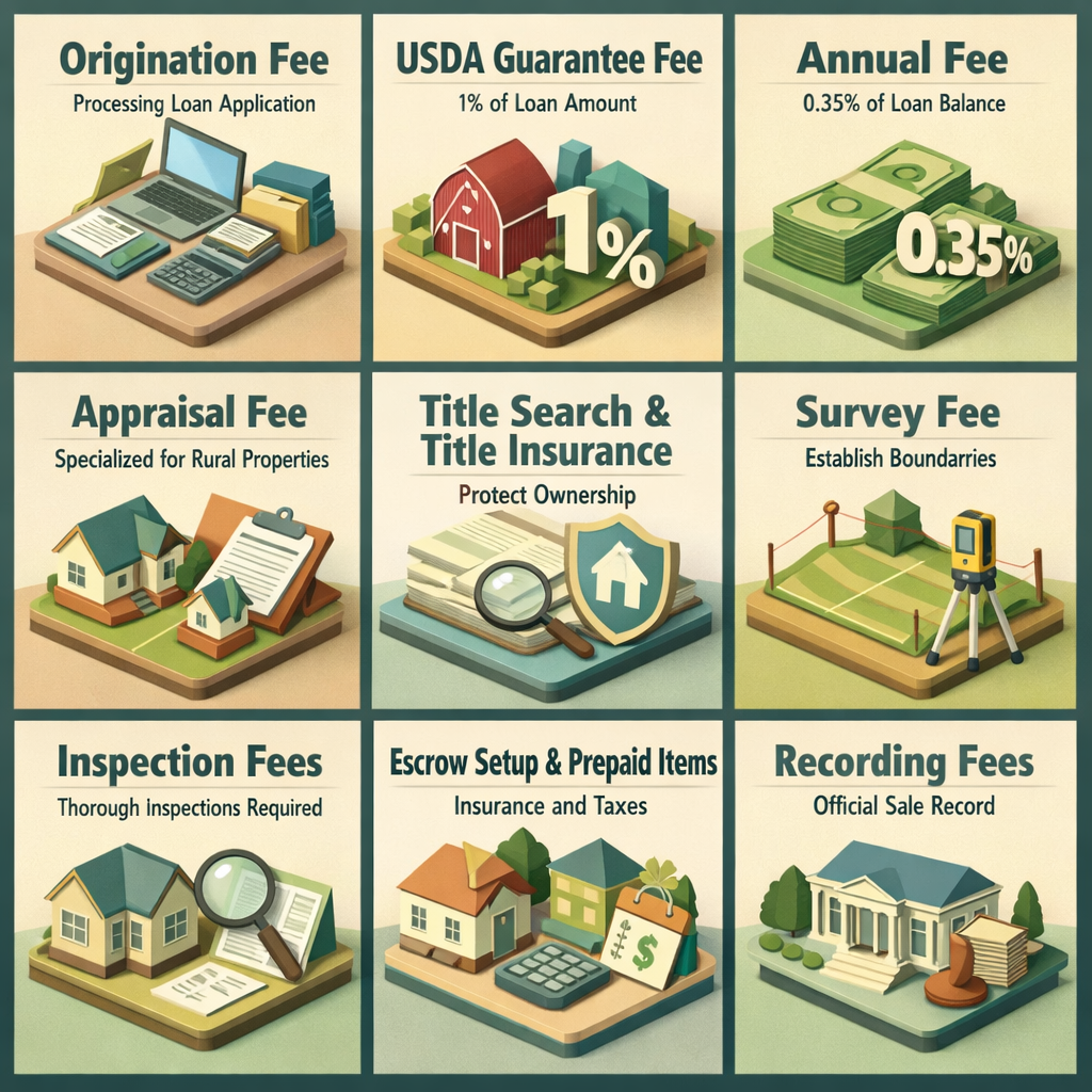 Infographic detailing common closing costs for USDA loans including fees for origination, appraisal, inspections, and more.