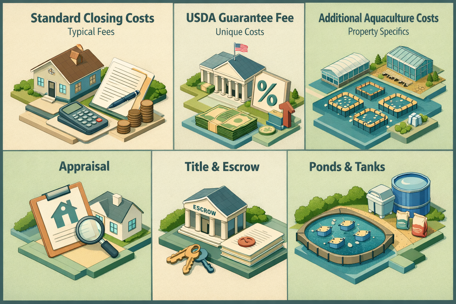 Infographic detailing standard closing costs, USDA guarantee fees, and additional costs for aquaculture properties.
