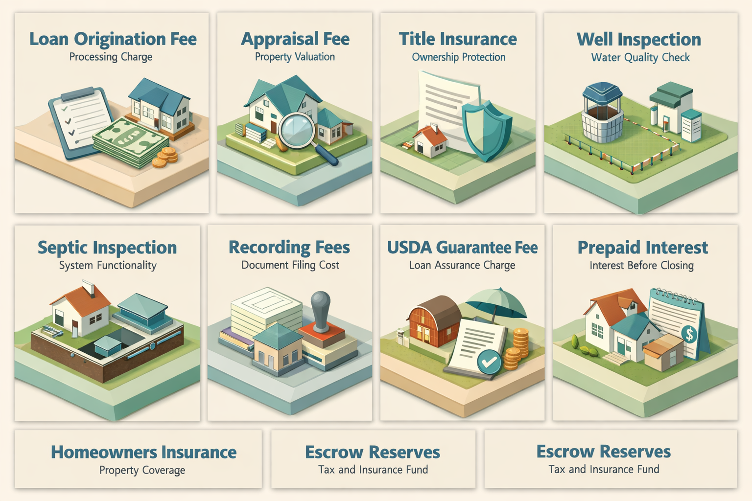 Infographic detailing typical closing costs for USDA loans on rural properties including fees for appraisal, insurance, and inspections.