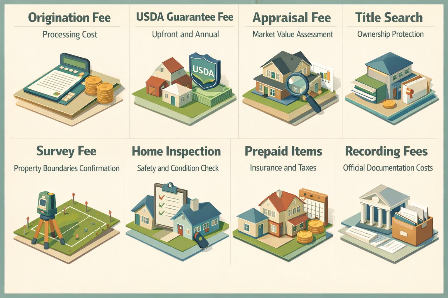 Infographic detailing closing costs for USDA loans including origination fee, guarantee fee, appraisal, title search, and more.