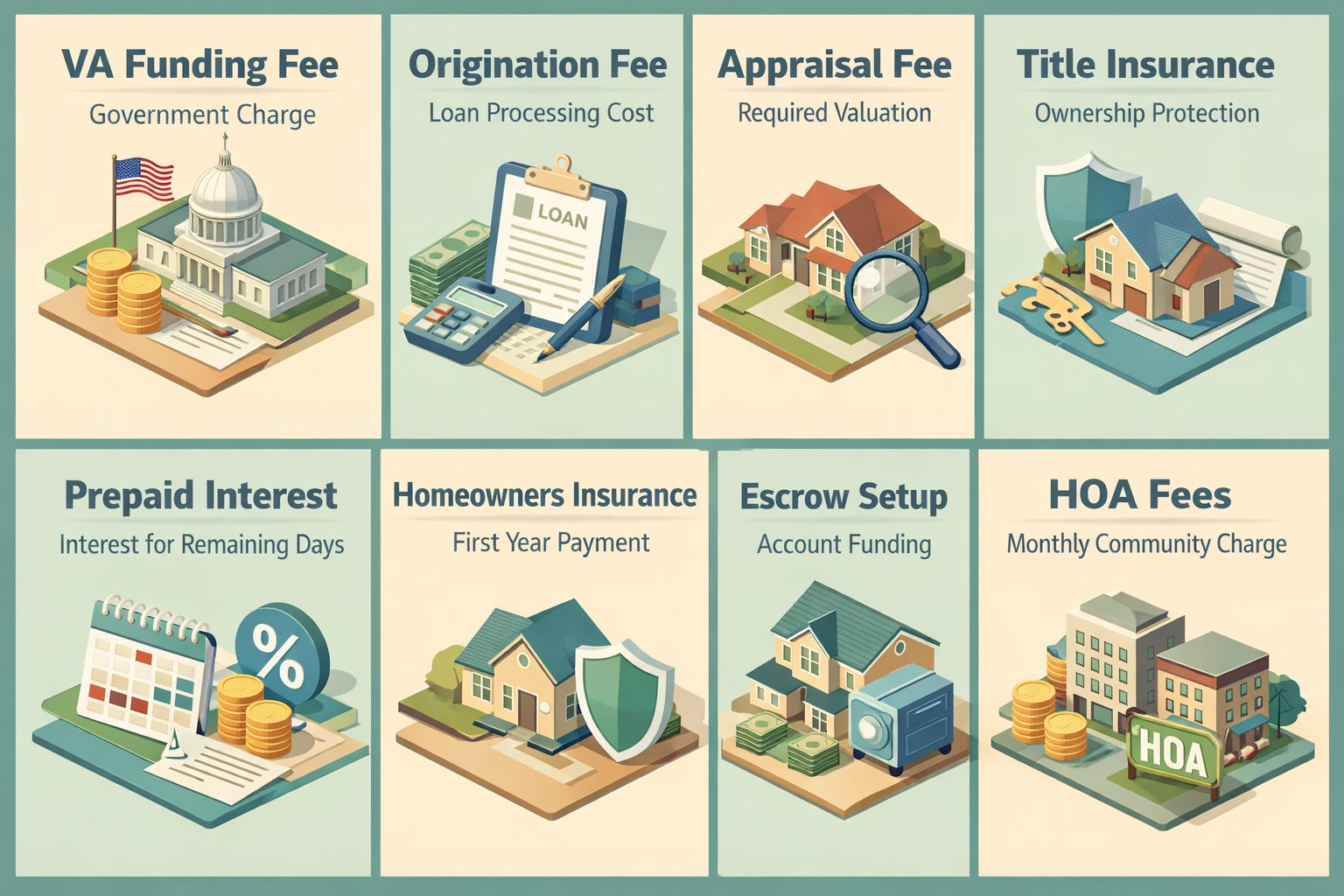 Infographic detailing VA loan closing costs including funding fee, origination fee, appraisal fee, title insurance, prepaid interest, homeowners insurance, escrow setup, and HOA fees.