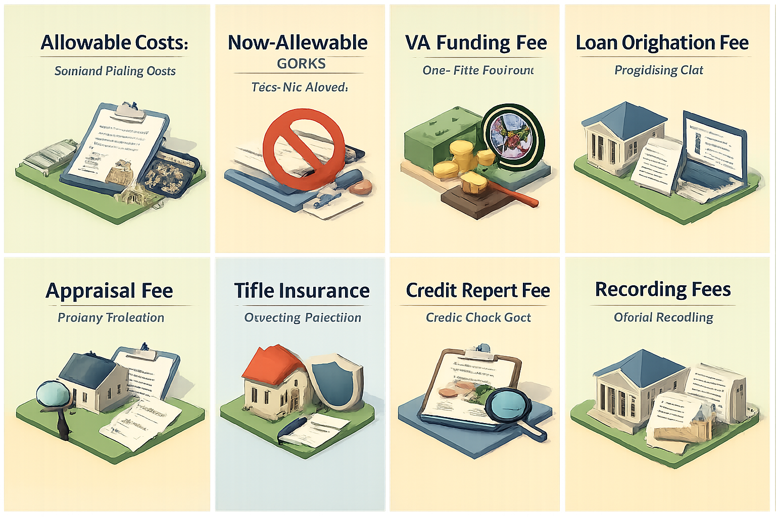 Infographic detailing allowable and non-allowable closing costs for VA loans on duplexes, including specific fees and their purposes.