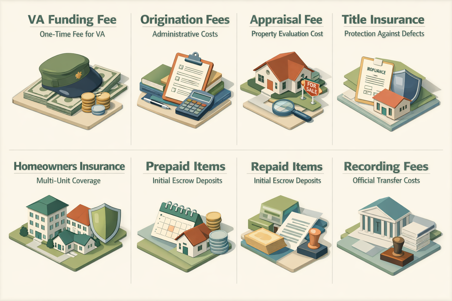 Infographic detailing VA loan closing costs including funding fee, origination fees, appraisal fee, title insurance, homeowners insurance, prepaid items, and recording fees.