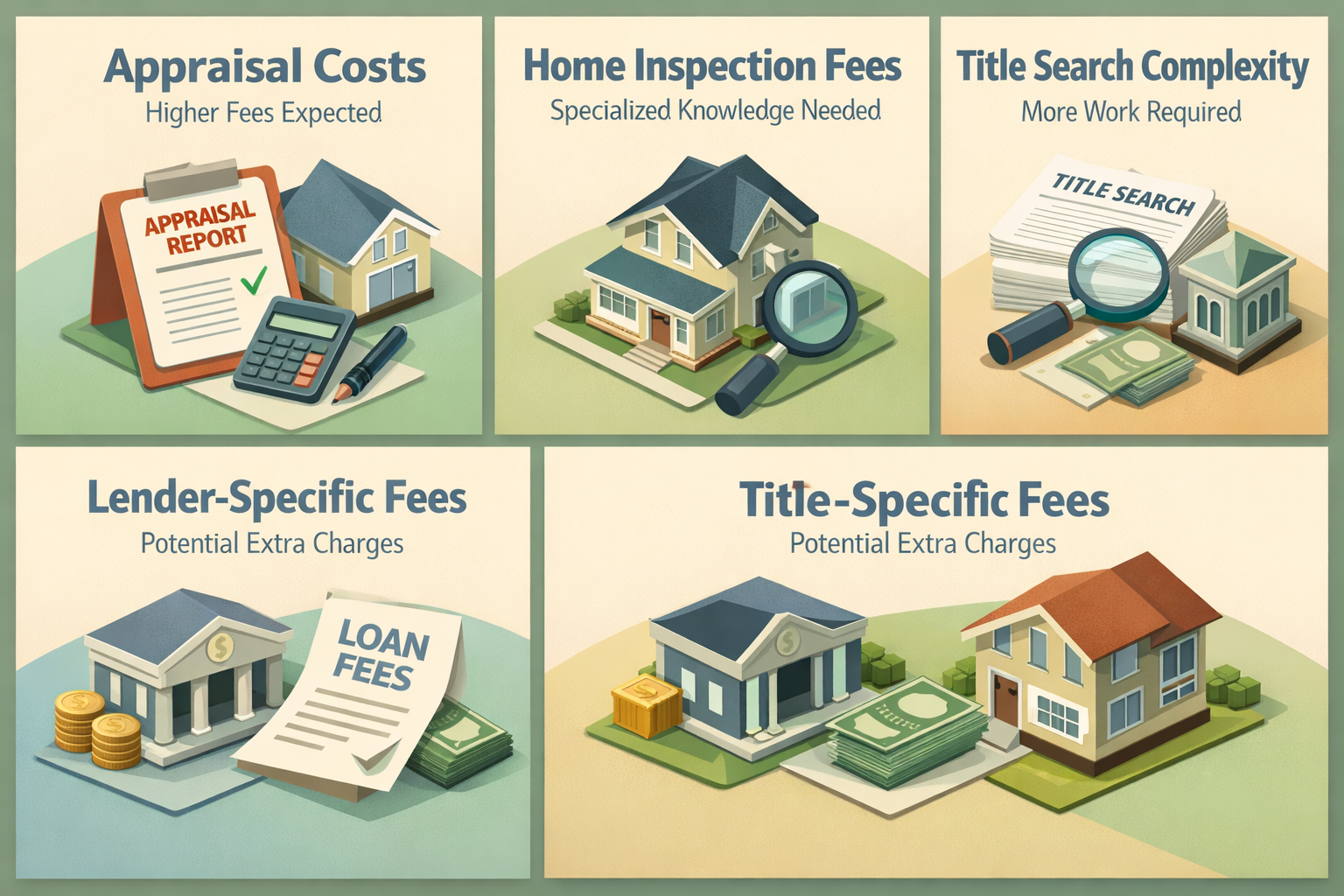 Infographic showing VA loan closing costs for geodesic dome homes, including appraisal costs, inspection fees, title search complexity, and lender fees.