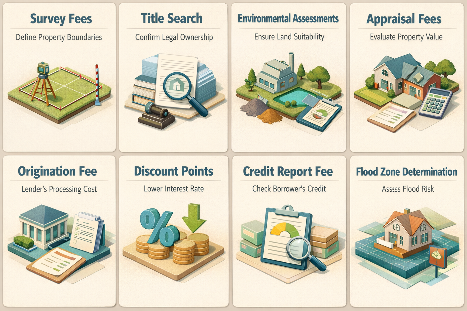 Infographic detailing land-related fees for VA loans including survey fees, title search, environmental assessments, and appraisal fees.