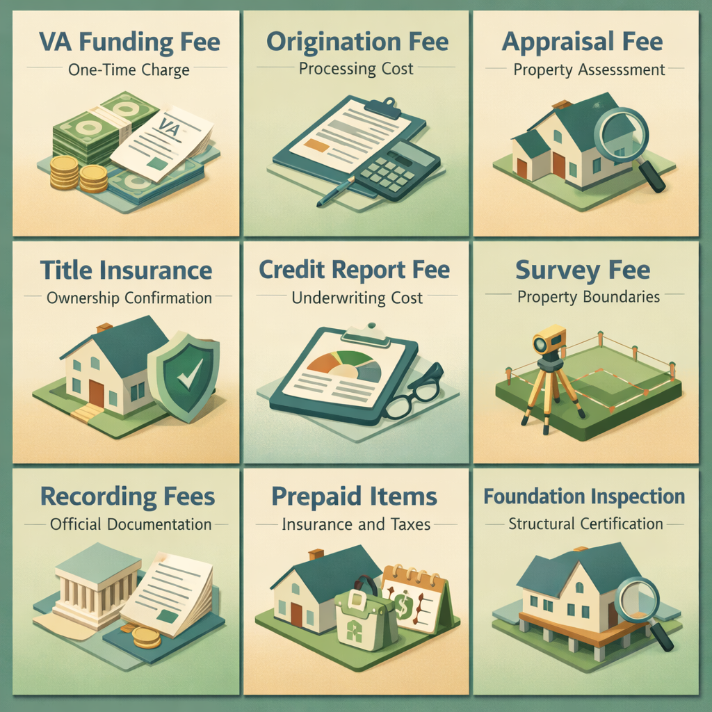 Overview of VA loan closing costs for modular homes with land including funding fee, origination fee, and appraisal fee.