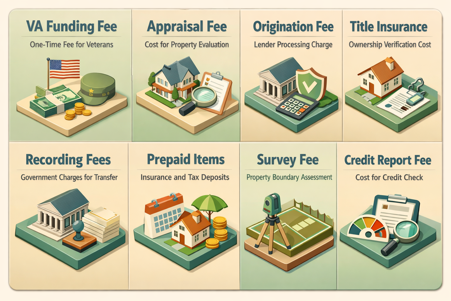 Infographic detailing VA loan closing costs including funding fee, appraisal fee, origination fee, and more for multi-family properties.