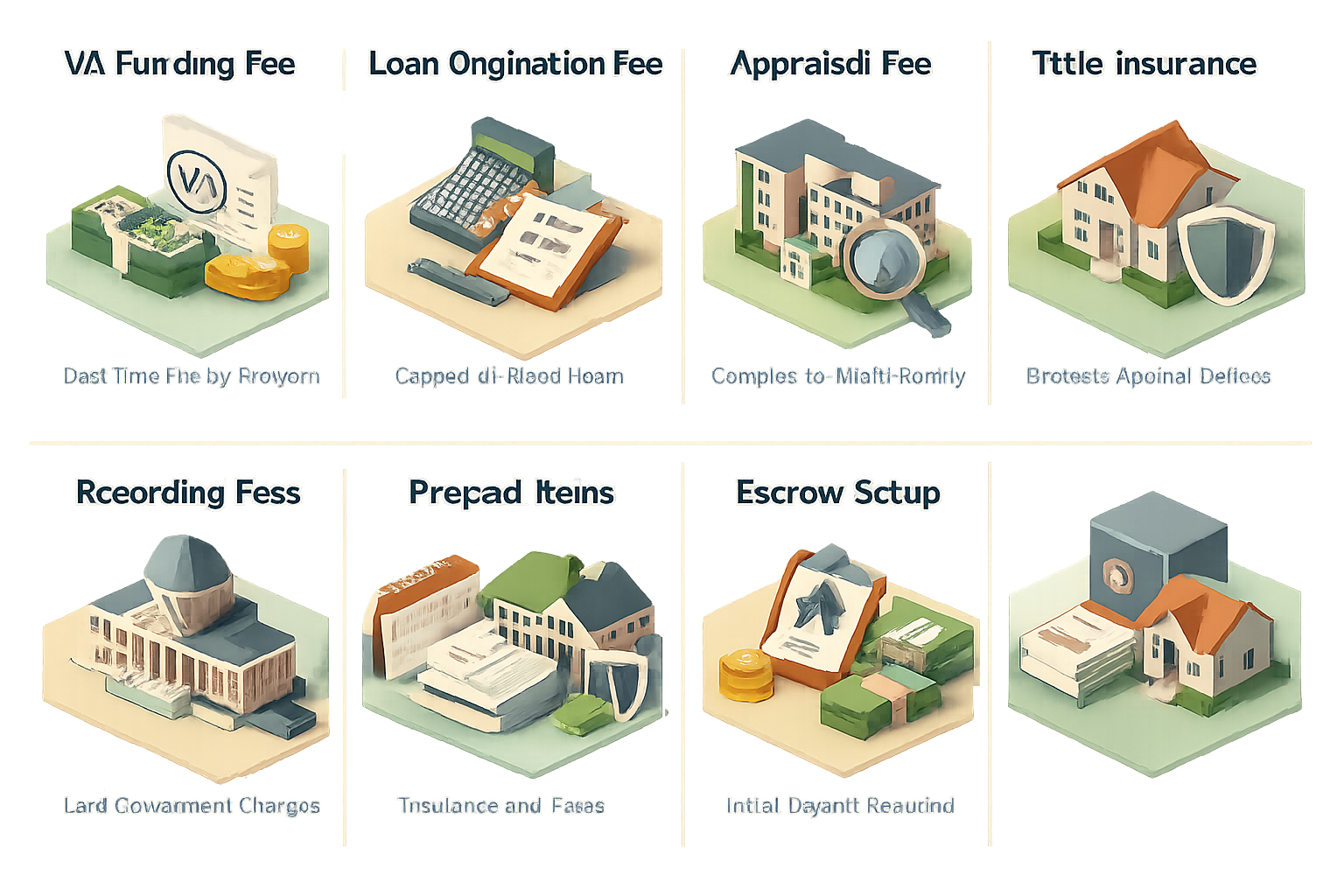 Infographic detailing VA loan closing costs for multi-family properties, including funding fee, origination fee, appraisal fee, and more.