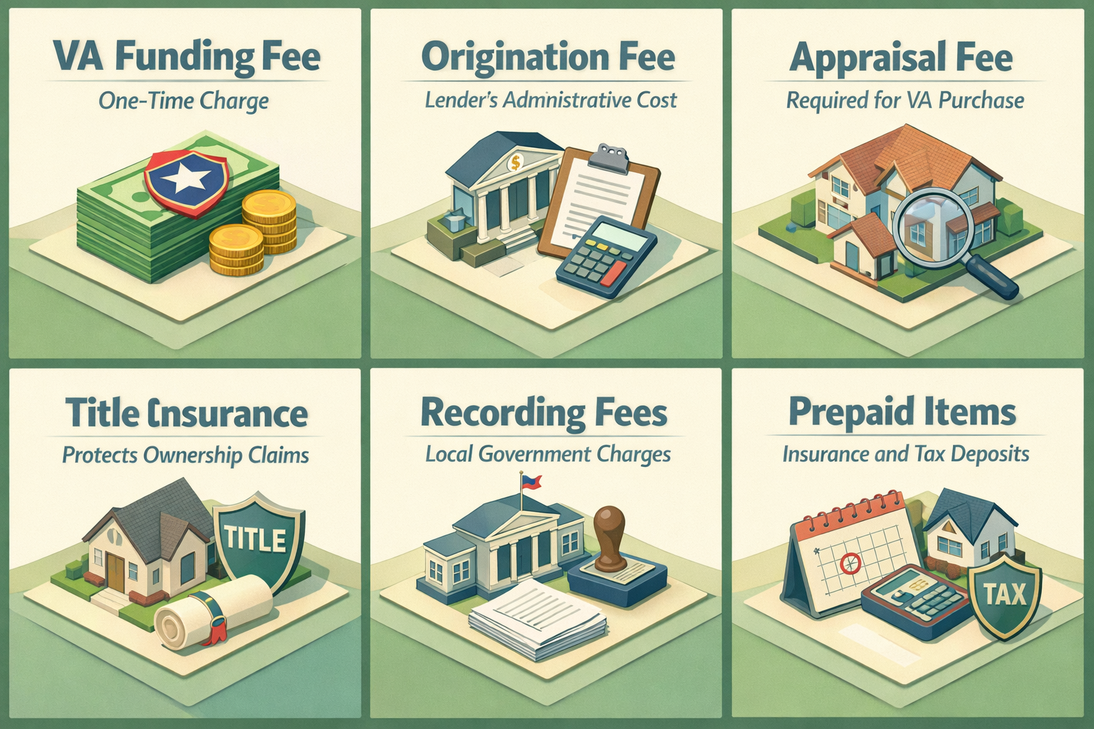 Infographic detailing VA loan closing costs including funding fee, origination fee, appraisal fee, title insurance, recording fees, and prepaid items.