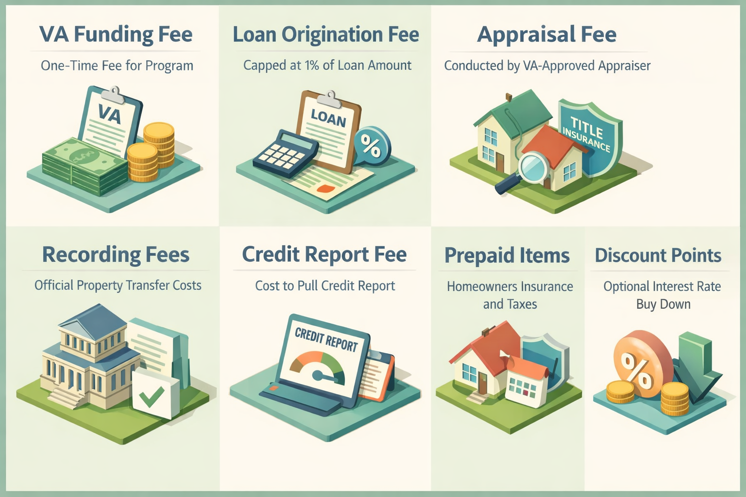 Infographic detailing VA loan closing costs including funding fee, origination fee, appraisal fee, and more.