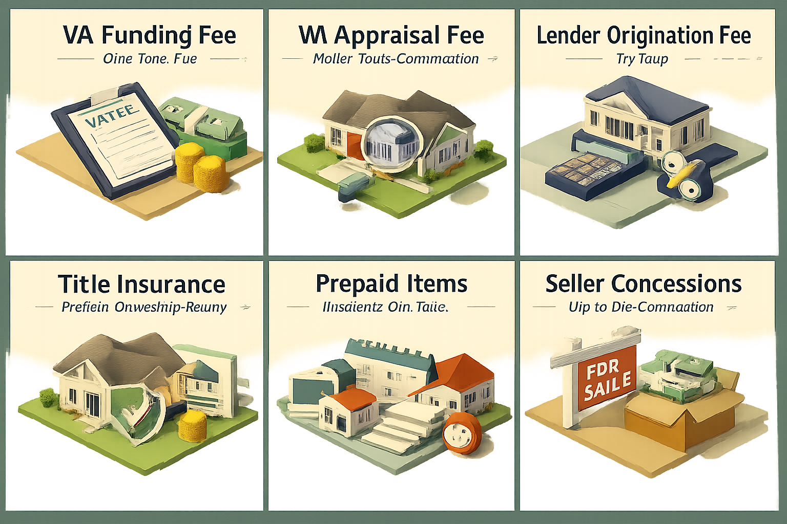 Infographic detailing VA loan closing costs including funding fee, appraisal fee, origination fee, title insurance, prepaid items, and seller concessions.
