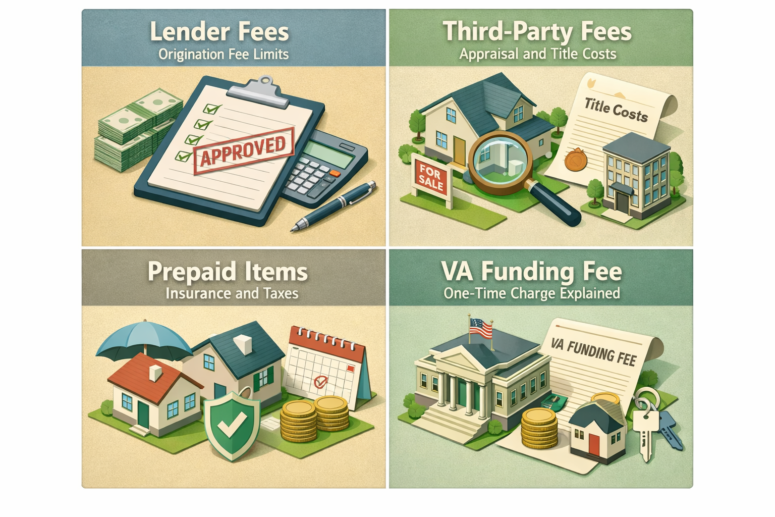 Infographic detailing VA loan closing costs including lender fees, third-party fees, prepaid items, and the VA funding fee.