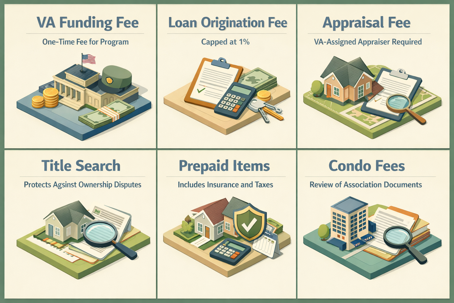 Infographic detailing VA loan closing costs including funding fee, origination fee, appraisal fee, title search, prepaid items, and condo fees.