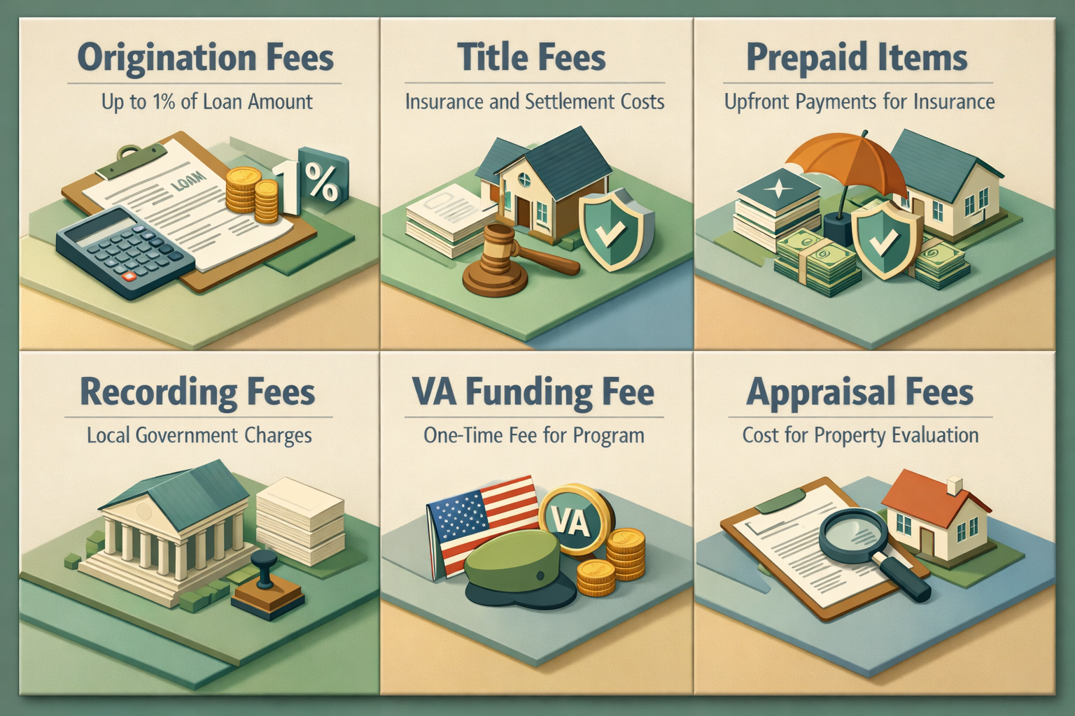 Infographic detailing VA loan closing fees including origination, title, prepaid items, recording, funding, and appraisal fees.