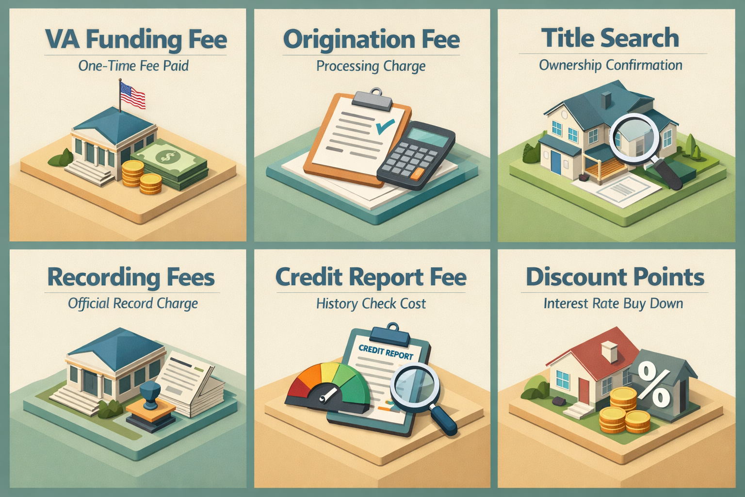 Infographic showing VA loan refinance fees including funding fee, origination fee, title search, recording fees, credit report fee, and discount points.