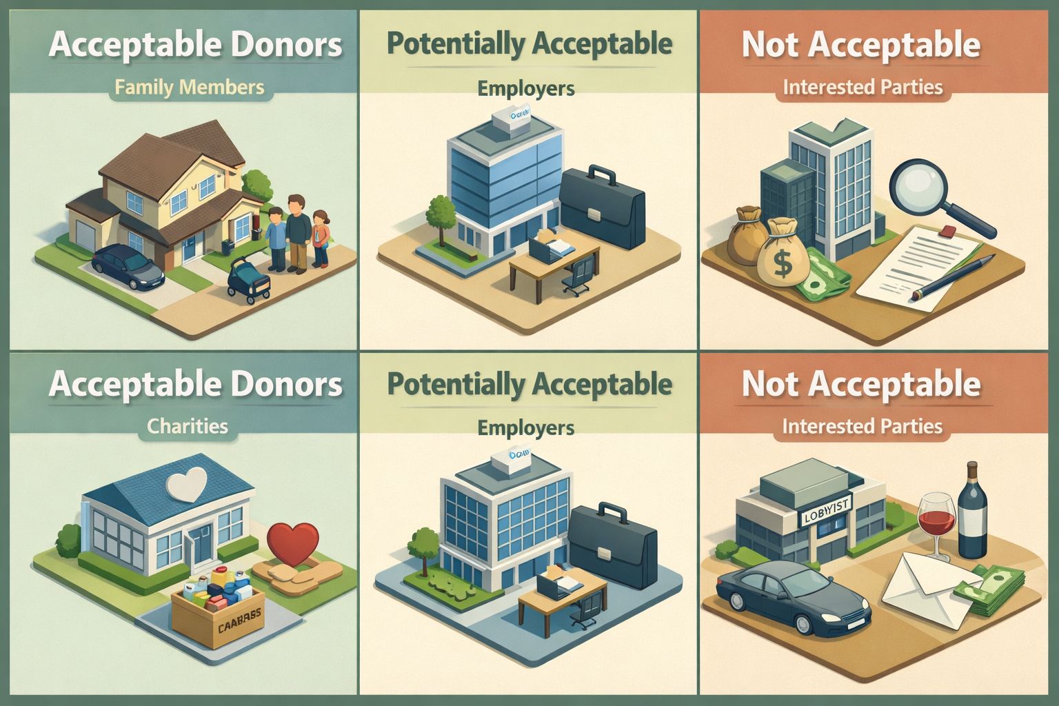 Infographic showing acceptable, potentially acceptable, and not acceptable donors for conventional mortgage gift funds.