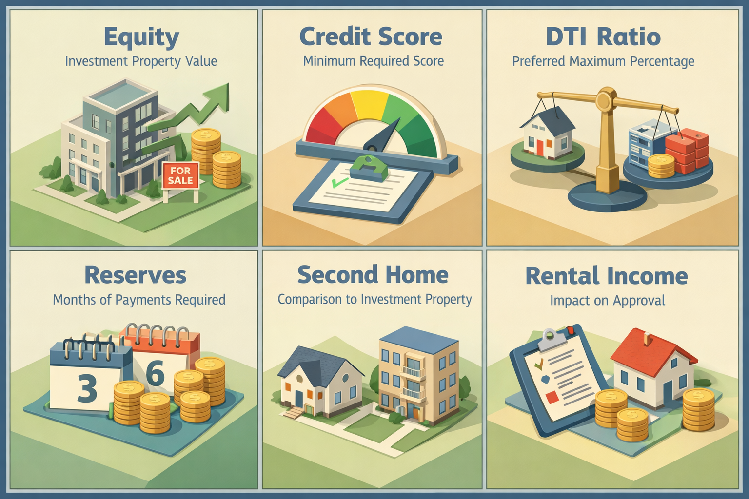 Infographic showing key requirements for HELOC on investment properties including equity, credit score, DTI ratio, reserves, and rental income impact.