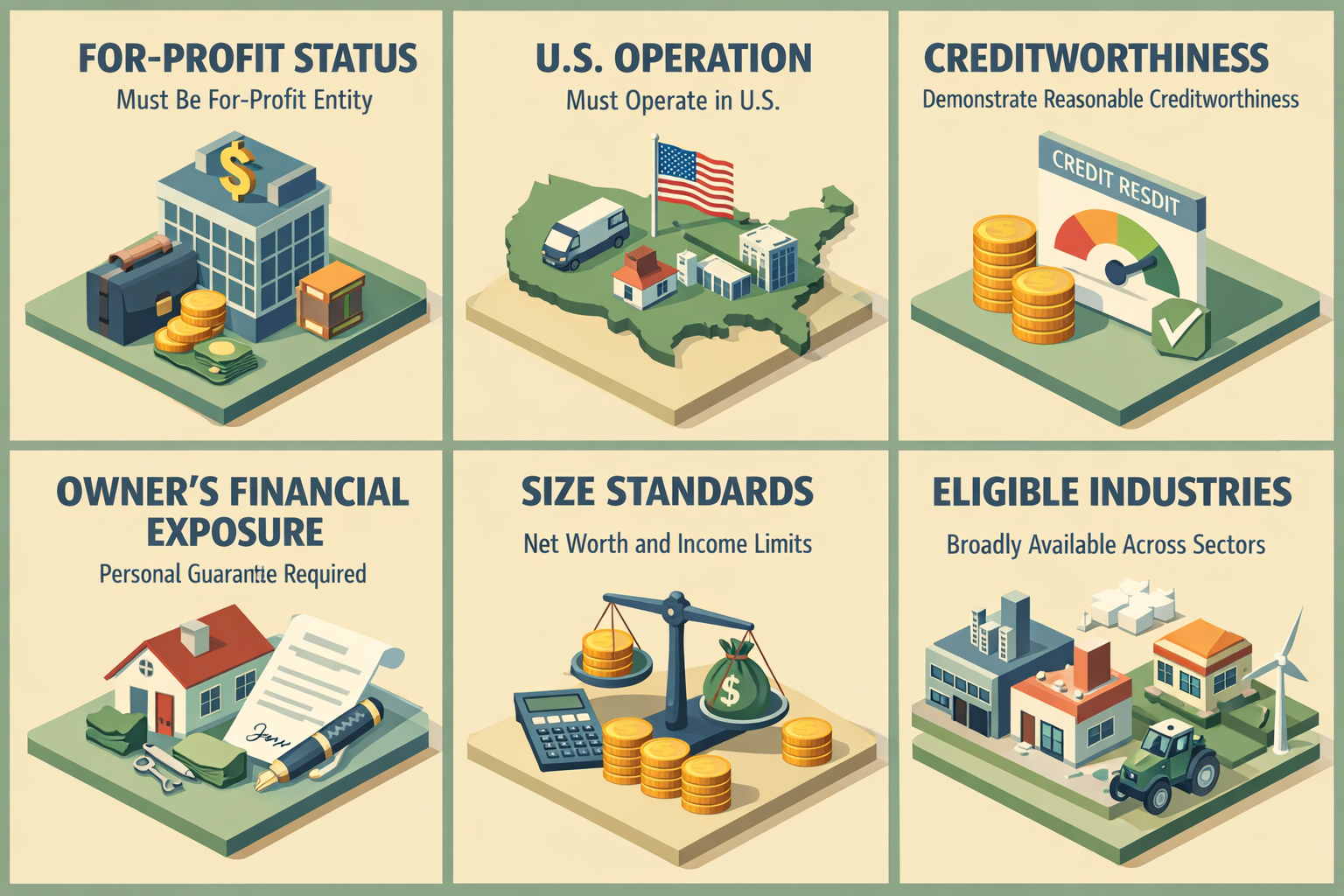 Infographic detailing SBA 504 loan eligibility requirements including for-profit status, U.S. operation, creditworthiness, and more.