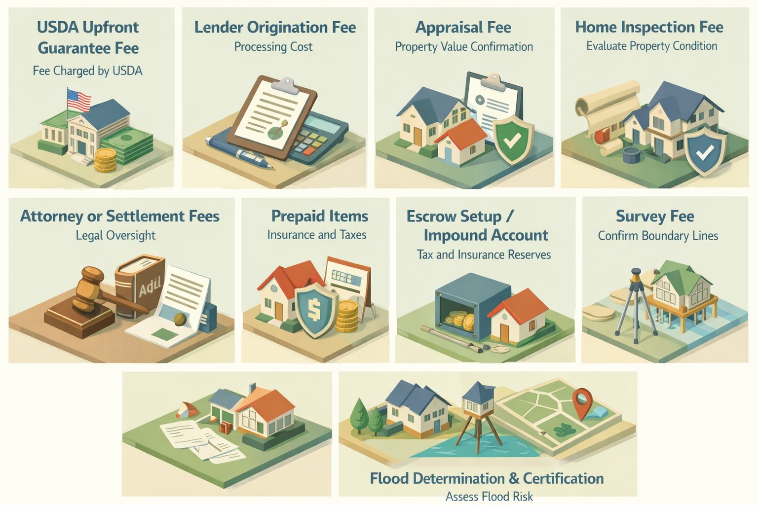 Infographic detailing common closing costs for USDA loans on fixer-uppers including fees for appraisal, inspection, and title insurance.
