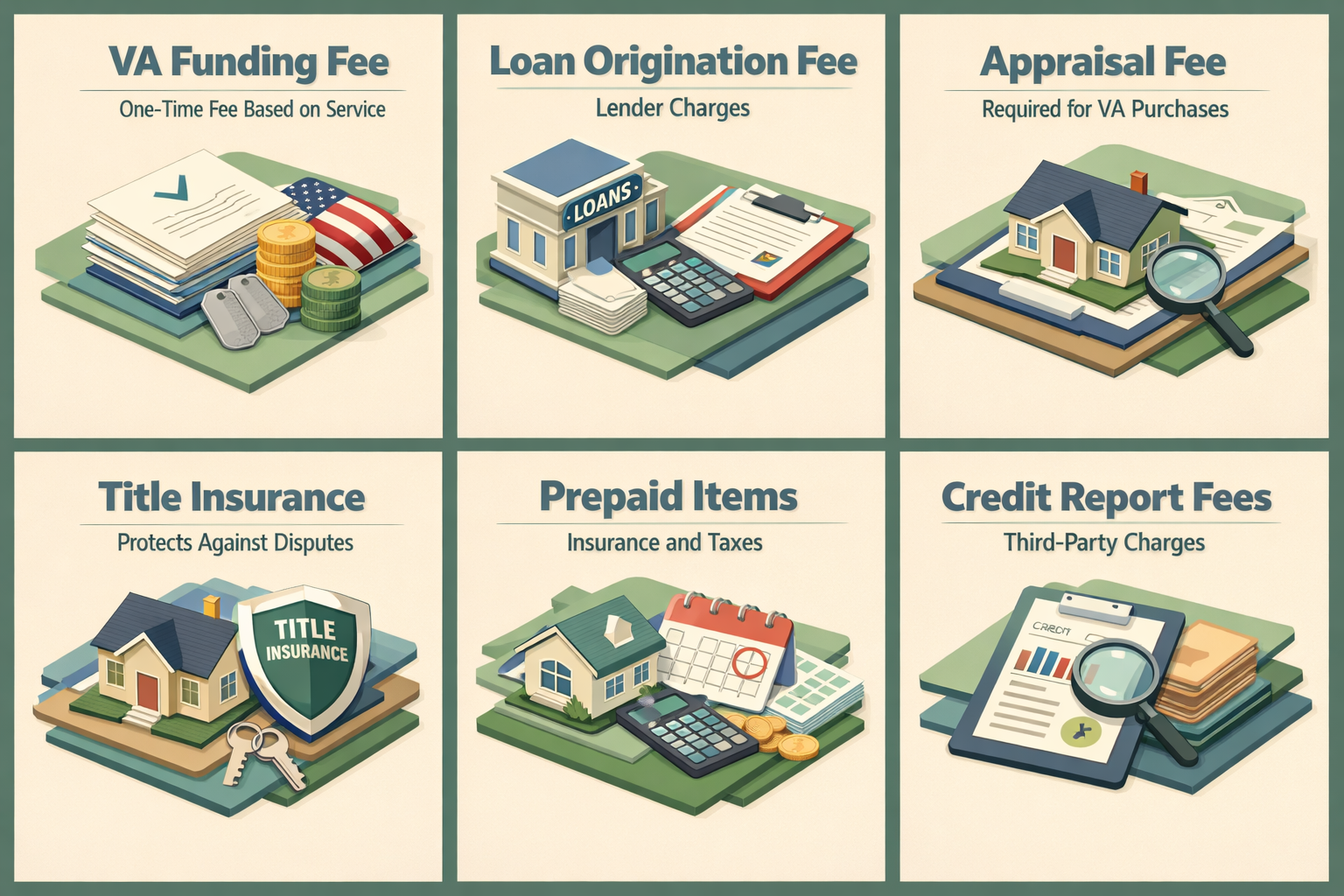 Infographic detailing common VA loan closing costs including funding fee, origination fee, appraisal fee, and more.