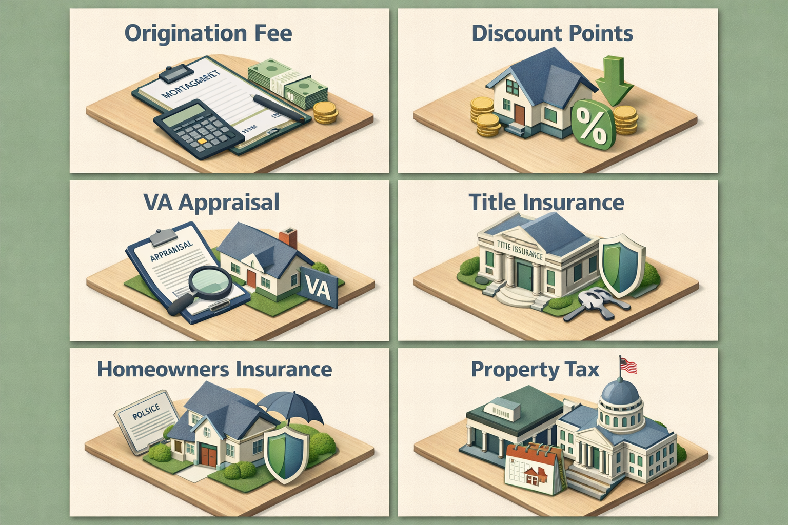 Infographic showing common lender fees, third-party fees, and prepaid costs for VA loan closing expenses.