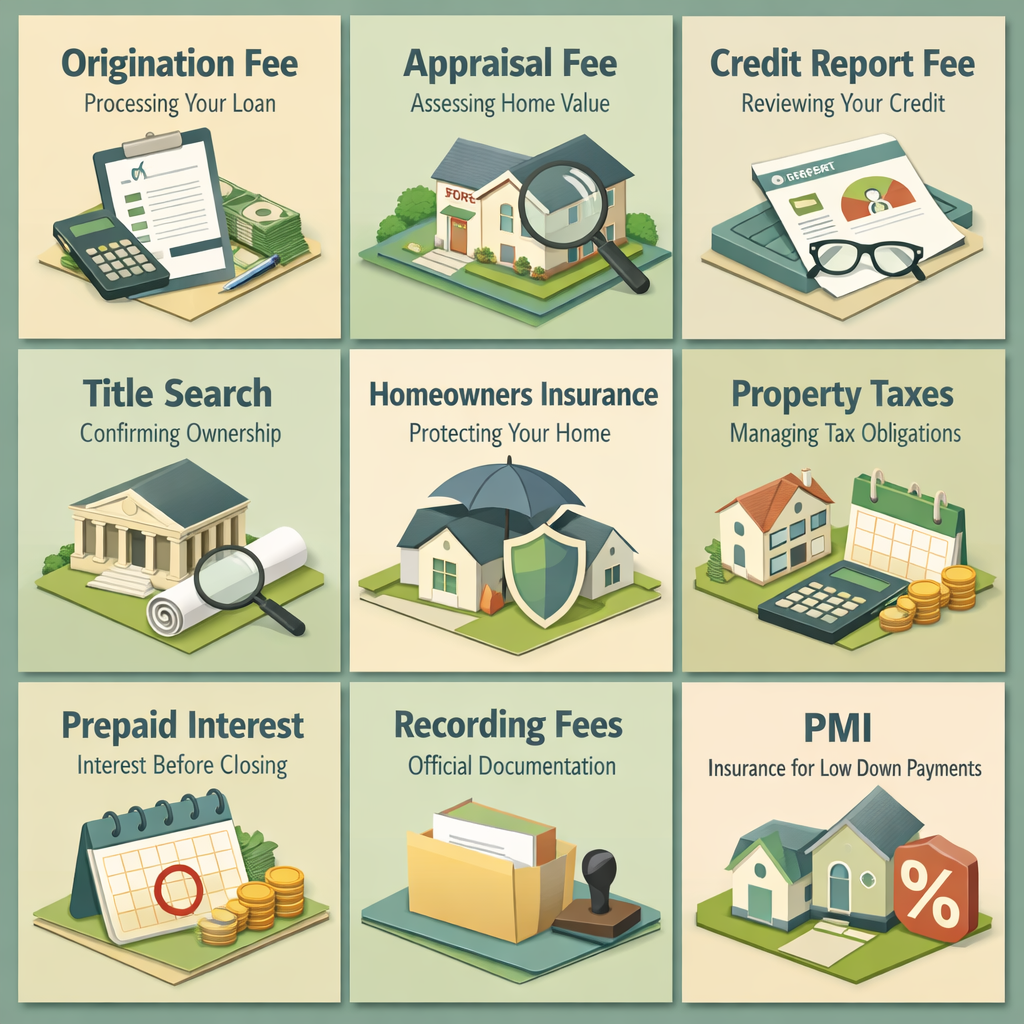 Infographic detailing common closing costs for a conventional loan including origination fee, appraisal fee, and PMI.