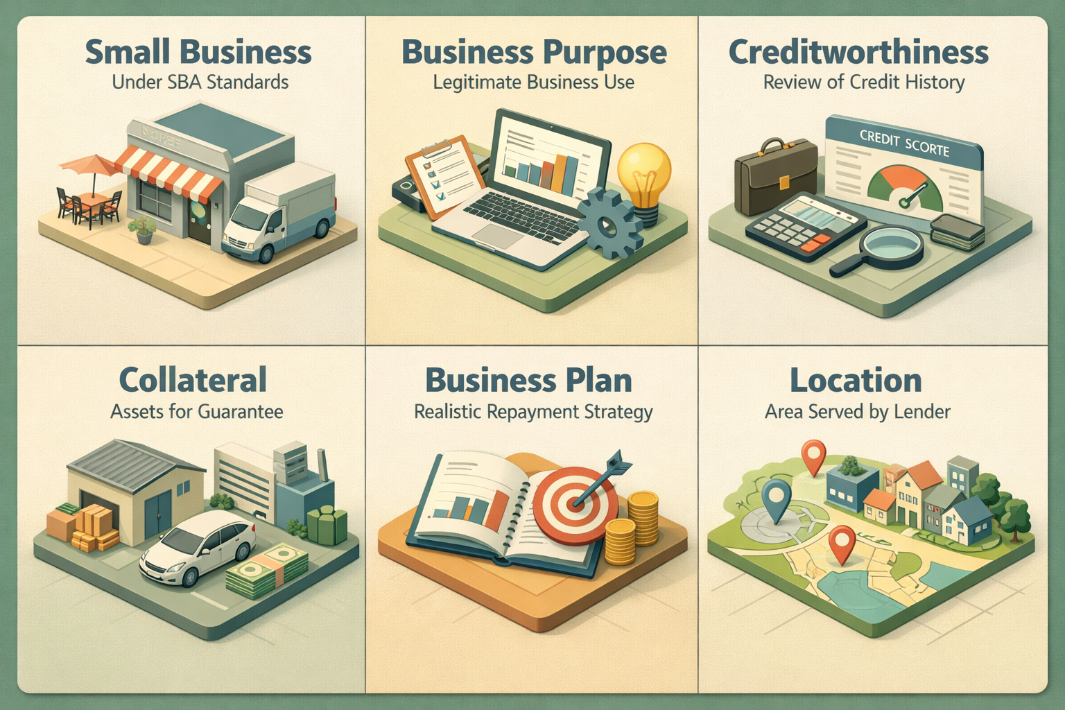 Infographic detailing eligibility criteria for SBA microloans for artisans, including business size, purpose, creditworthiness, collateral, business plan, and location.