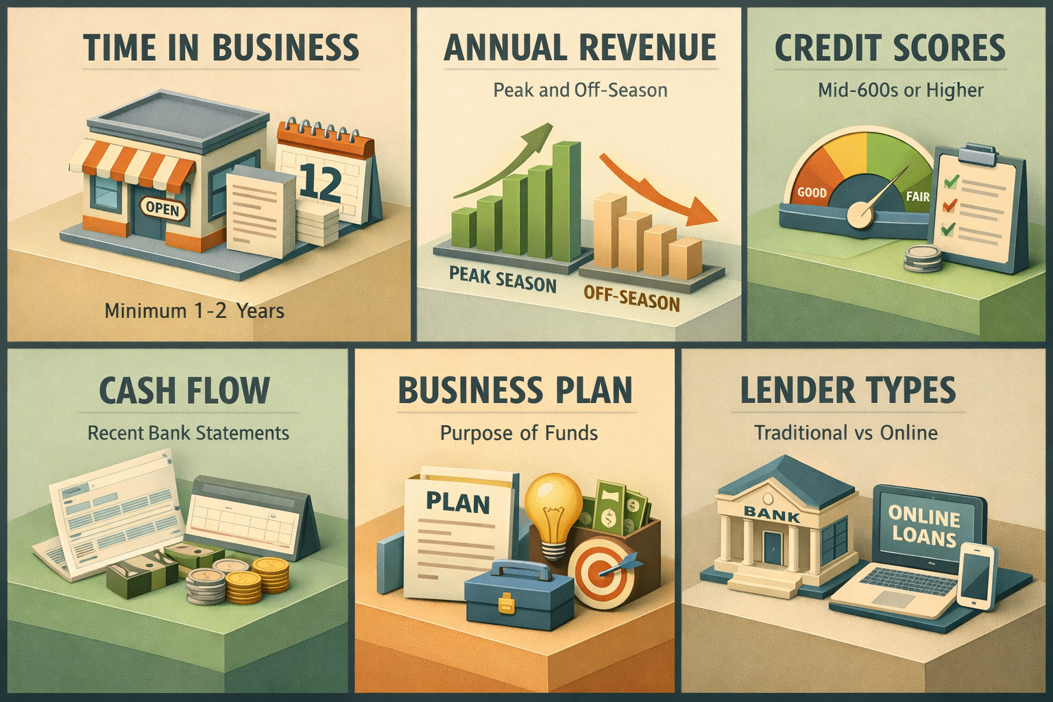Infographic detailing requirements for a business line of credit for a seasonal bakery including time in business, revenue, credit scores, and more.