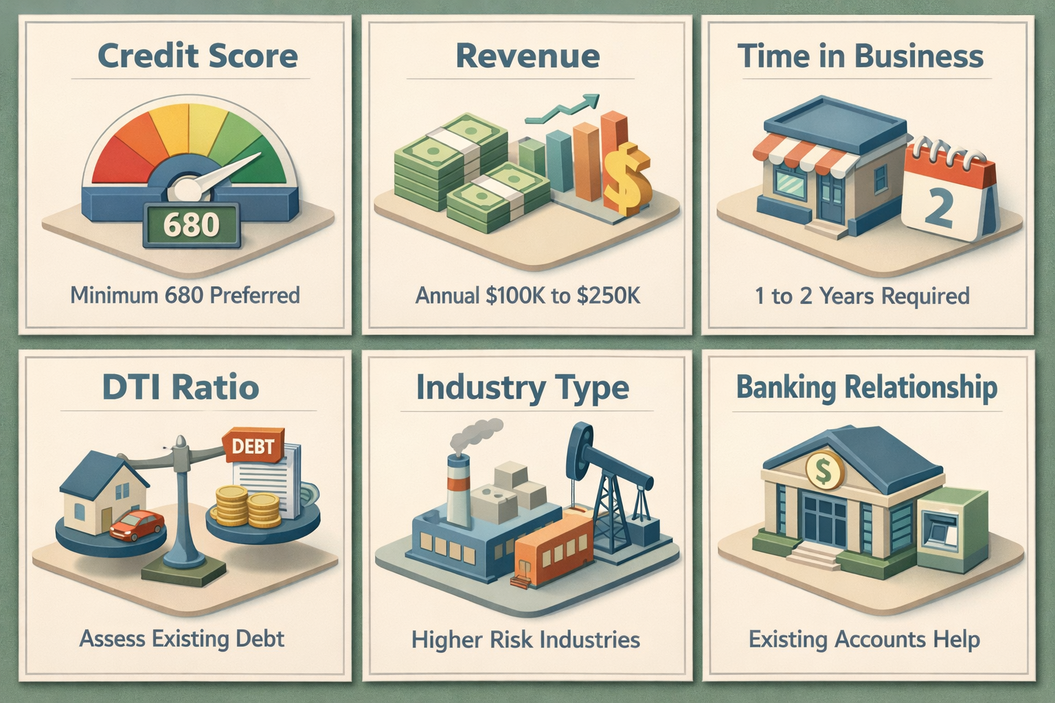 Infographic detailing business line of credit eligibility factors including credit score, revenue, time in business, DTI ratio, industry type, and banking relationship.
