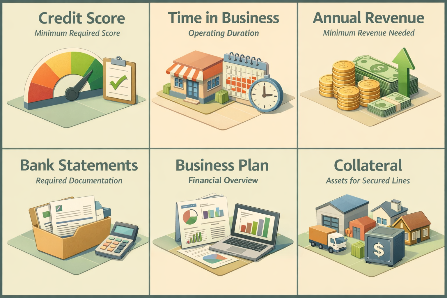 Requirements for a business line of credit with poor credit including credit score, time in business, revenue, bank statements, business plan, and collateral.