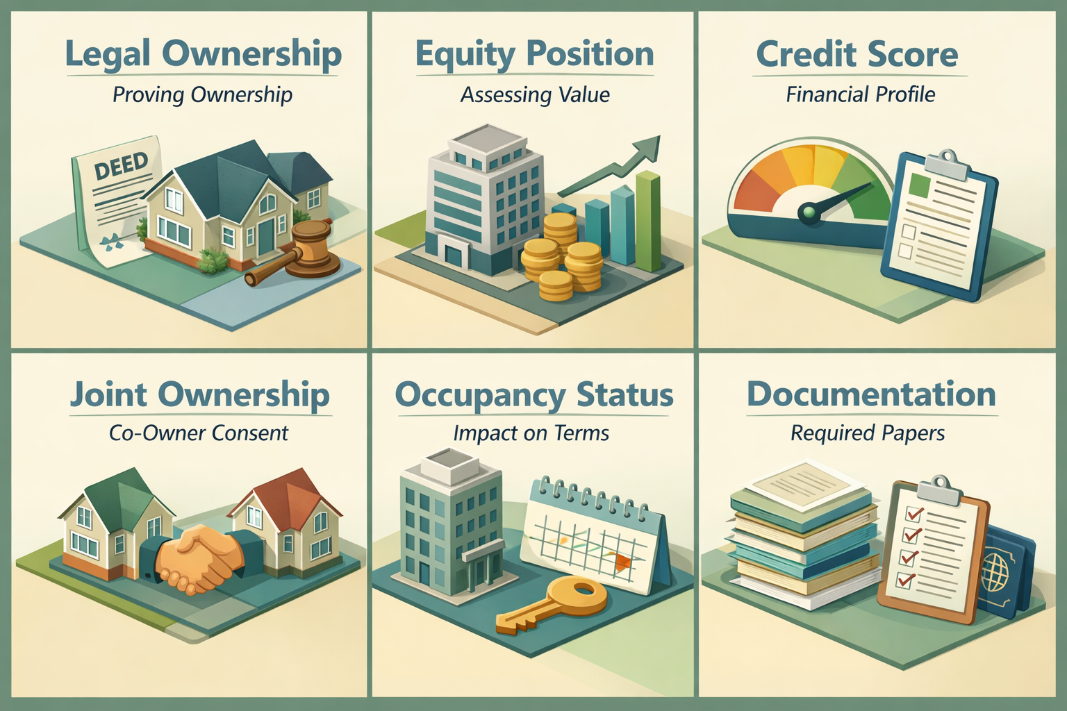 Infographic on HELOC eligibility for jointly owned inherited real estate, covering ownership, equity, credit score, and occupancy.